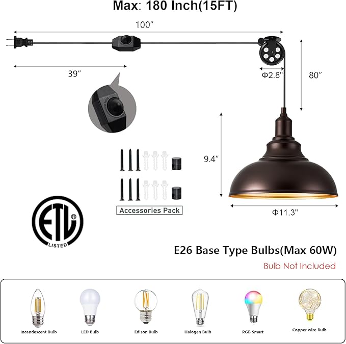 Oil Rubbed Bronze Pendant Light Hanging Lamps for Living Room Plug in 15FT Dimmable Switch Adjustable Pulley Hanging Lights with Cord for Kitchen Bedroom 2 Pack