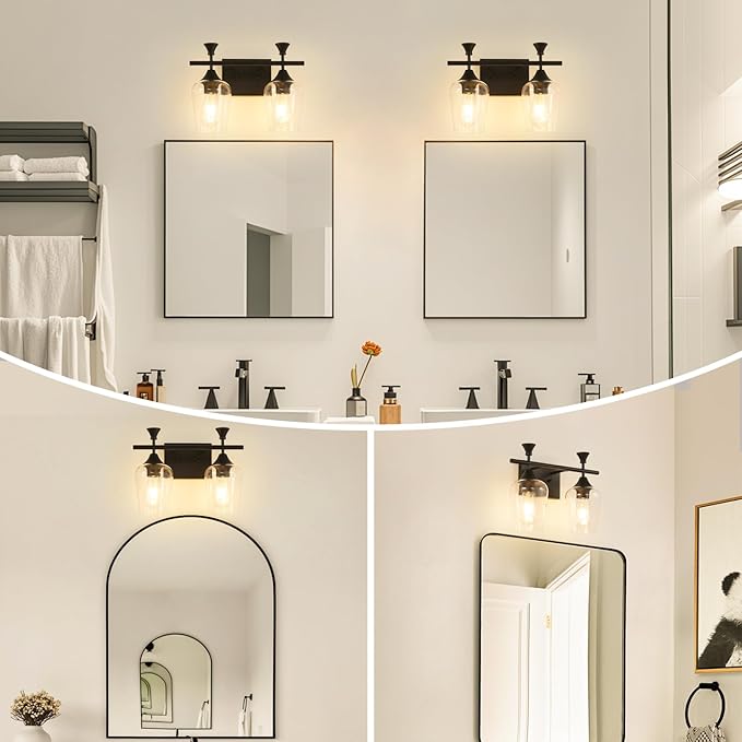 Bathroom Light Fixtures (2-Light, 14 Inch), Matte Black Vanity Lights for Bathroom with Clear Wine Glass Glass Shade, Modern Vanity Wall Lights for Mirror Bedroom Living Room Kitchen Hallway Porch