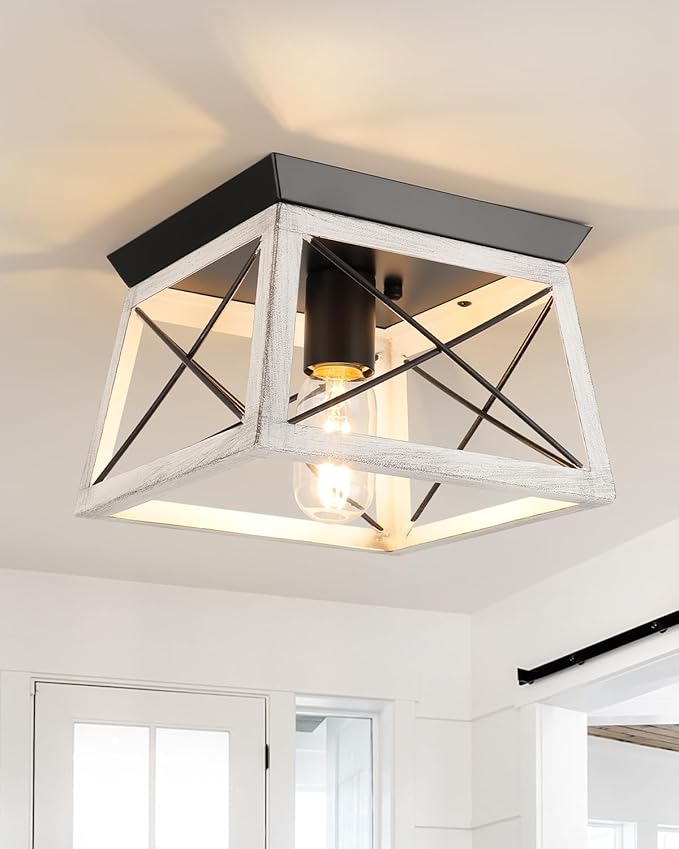 Farmhouse Ceiling Light Fixtures Oak White Flush Mount Ceiling Light 1-Light Industrial Kitchen Ceiling Lights, Rustic Flush Mount Ceiling Light for Hallway Entryway Foyer Dining Room Bedroom