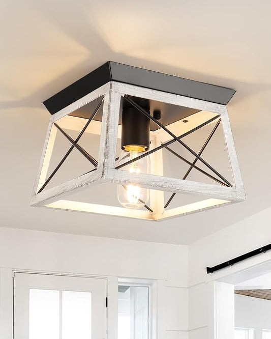 Farmhouse Ceiling Light Fixtures Oak White Flush Mount Ceiling Light 1-Light Industrial Kitchen Ceiling Lights, Rustic Flush Mount Ceiling Light for Hallway Entryway Foyer Dining Room Bedroom