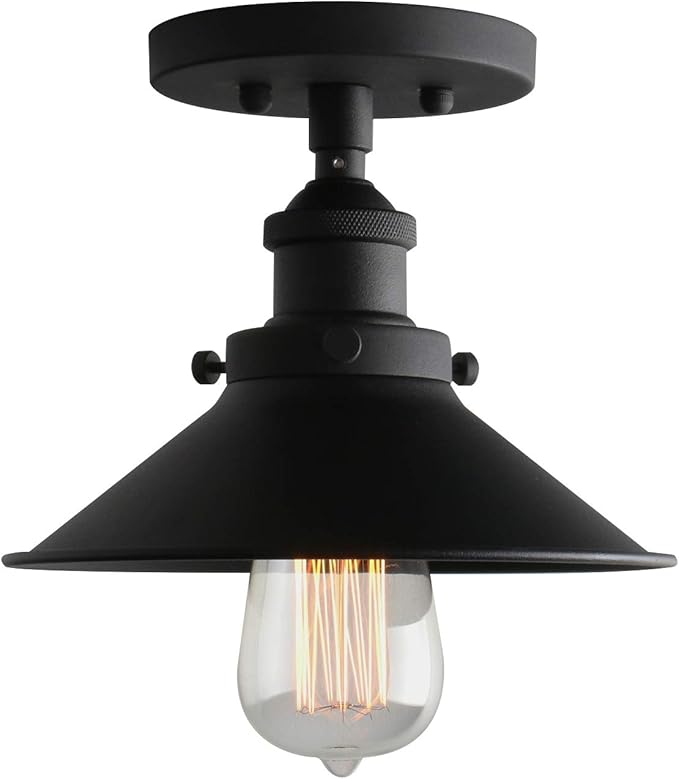 Phansthy Industrial Semi Flush Mount Ceiling Light, 1-Light Pendant Light with 8.1" Metal Shade, Vintage Hanging Lamp for Bedroom Kitchen Living Room Dining Room (Cone Metal Shade -Black)