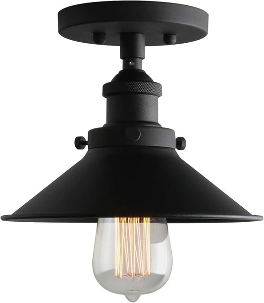 Phansthy Industrial Semi Flush Mount Ceiling Light, 1-Light Pendant Light with 8.1" Metal Shade, Vintage Hanging Lamp for Bedroom Kitchen Living Room Dining Room (Cone Metal Shade -Black)