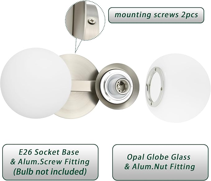 Bathroom Vanity Light Fixtures, Modern 2 Lights Globe Wall Sconce Lighting Brushed Nickel, Porch Wall Mount Light Fixture for Bathroom, Mirror Cabinets Hallway Stairs (Brushed Nickel, 2-Light)