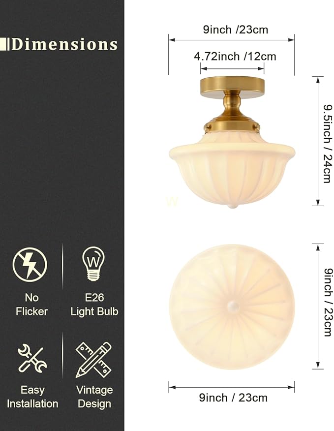 Schoolhouse Milk White Glass Ceiling Light,9" Semi Flush Mount Ceiling Light, Gold Mid Century Light Fixtures for Bedroom Kitchen Hallway Entryway