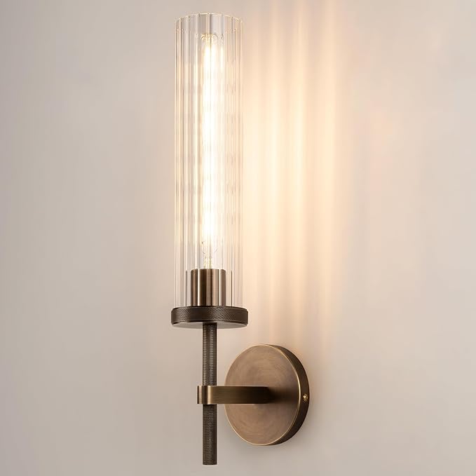19.5" Knurled Brass Wall Sconce with Vertical Striped Glass Tube, Bronze Bathroom Vanity Light Fixtures, Modern Lamp Lighting for Bedroom, Living Room, Hallway, Staircase, Mirror, Kitchen