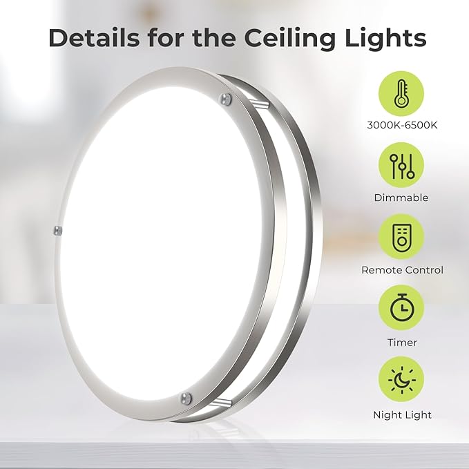 hepside Flush Mount LED Ceiling Light with Remote, Dimmable& 3000K-6500K Adjustable Ceiling Light Fixture, Timer, Night light, 13 inch Brushed Nickel Ceiling Lamps for Kitchen Bathroom Bedroom Hallway