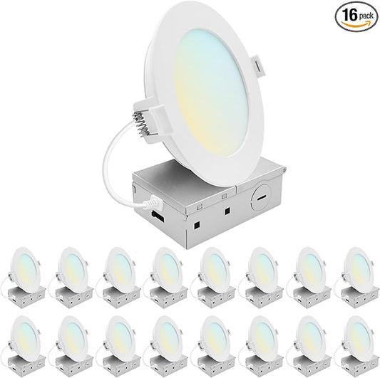 LUXRITE 5 Inch LED Recessed Light, ECO Backlit Mini Panel Spotlight, 5CCT 2700K-5000K, 1200 Lumens, High Output, 13 Watts, Dimmable, IC Rated, Wet Rated, ETL Listed, Energy Star, Round (16 Pack)