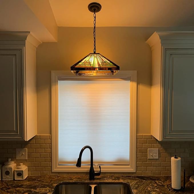 Capulina Tiffany Lamp Stained Glass Pendant Lights 16” Wide Antique Rustic Tiffany Style Hanging Lamp for Kitchen Island Counter Dining Room Hallway Office