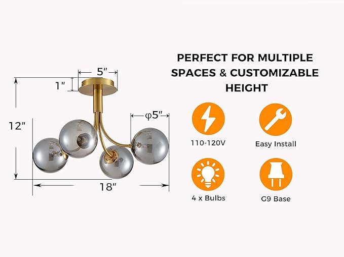 AGV Lighting Modern Semi Flush Mount Ceiling Light Fixture, 4-Light Gold Flush Mount Chandelier with Smoky Silver Glass Globe Shades, 18" L x 12" H Metal Ceiling Lamp for Bedroom, Dining Room, Kitchen