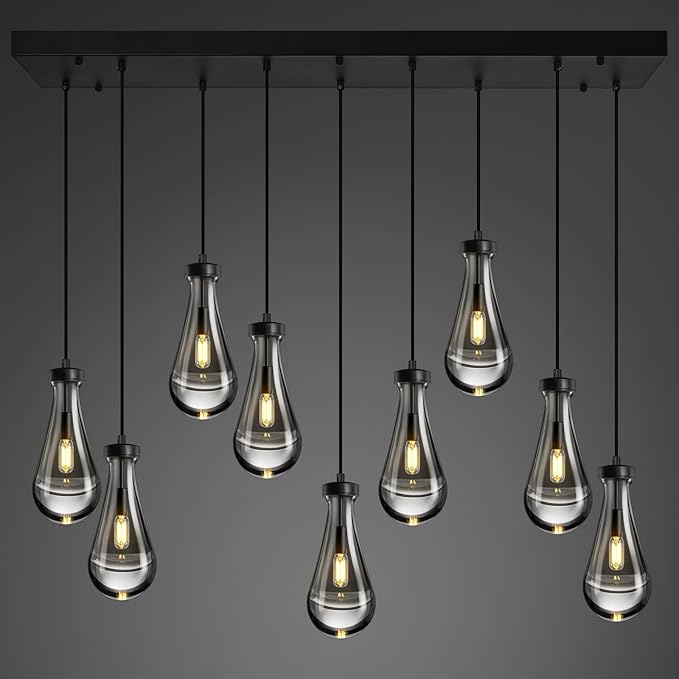 Modern Raindrop Pendant Lights Kitchen Island Teardrop Black Hanging Light Fixture Clear Solid Glass Chandeliers Crystal Pendant Light for Porch Living Room Dining Room(Long Plate-9 Lights)