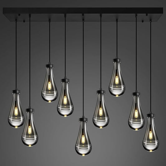 Modern Raindrop Pendant Lights Kitchen Island Teardrop Black Hanging Light Fixture Clear Solid Glass Chandeliers Crystal Pendant Light for Porch Living Room Dining Room(Long Plate-9 Lights)