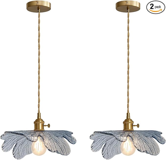 2 Pack Pendant Lights for Kitchen Island Mid Century Modern Hanging Light with Blue Glass Flower Shade, Adjustable Farmhouse Pendant Lighting for Dining Room Bedroom, Vintage Brass Base