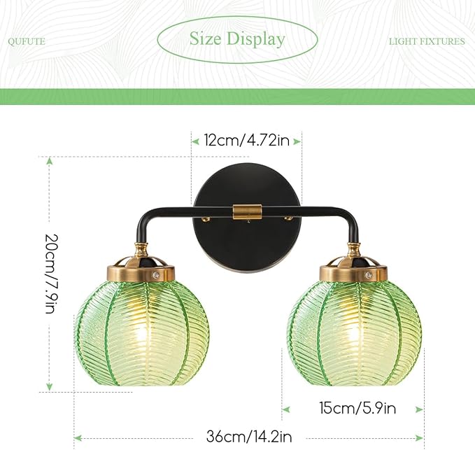 2-Lights Bathroom Wall Light Fixtures Modern Vanity Light with Leaf Texture Glass Globe Shades Emerald Green Mid Century Modern Wall Lamp Sconce for Over Mirror Living Room Cabinet