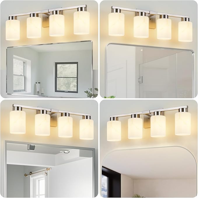 4-Light Bathroom Light Fixtures, Modern Vanity Lights, Brushed Nickel Metal Wall Lamp with White Marble Glass for Bathroom, Mirror, Living Room, Bedroom, Cabinet, Porch, Hallway, E26 Base