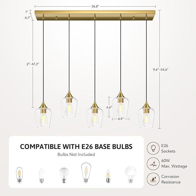 VONLUCE Pendant Lights Kitchen Island, Brushed Gold Pendant Light Fixtures with E26 Base & Adjustable Cable, Modern Pendant Lighting with Glass Shade for Living Room Bedroom Hallway, 5-Light