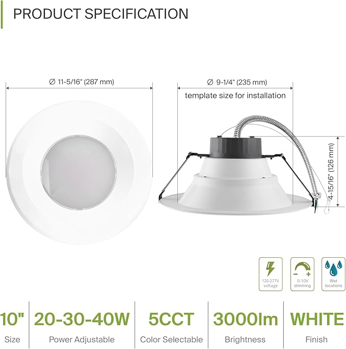 ASD 9/10 Inch Commercial Canless LED Downlight, Power Adjustable 20/30/40W Lighting, Round Dimmable Recessed Ceiling Light Fixture, 5 CCT 2700K-5000K, 120-277V IC Rated UL & Energy Star, 4 Pack