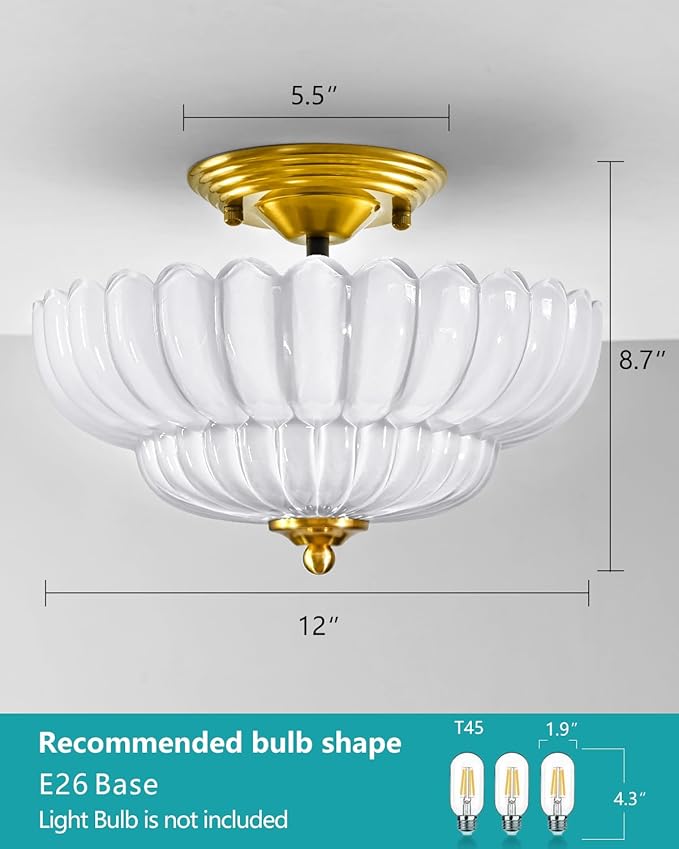 3-Light Vintage Semi Flush Mount Ceiling Light, Milk Glass Flower Shade with Brass Finish, Retro Gold Ceiling Light Fixture for Bedroom Hallway Kitchen Entryway