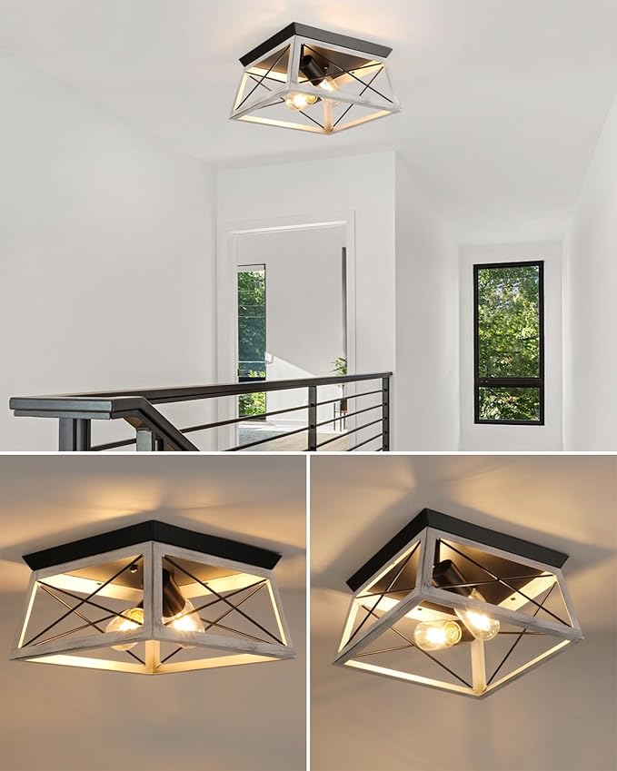 Farmhouse Flush Mount Ceiling Light Oak White Ceiling Light Fixtures 2-Light Industrial Vintage Metal-Framed Ceiling Lighting for Hallway Foyer Kitchen Dining Room Bedroom Living Room Laundry