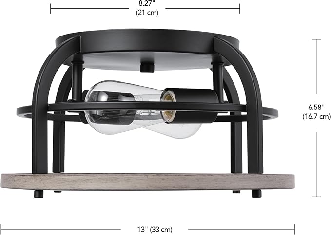 GLOBE Electric 65888 Shilah 2-Light Flush Mount Ceiling Light, Matte Black, Faux Wood Accents