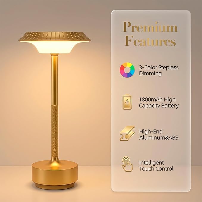 Goodoo Rechargeable Cordless Table Lamps, Portable 1800mAh Battery Table Light, 3 Color Stepless Dimming LED Table Light, for Outdoor/Dinner/Patio/Restaurant.(Gold)