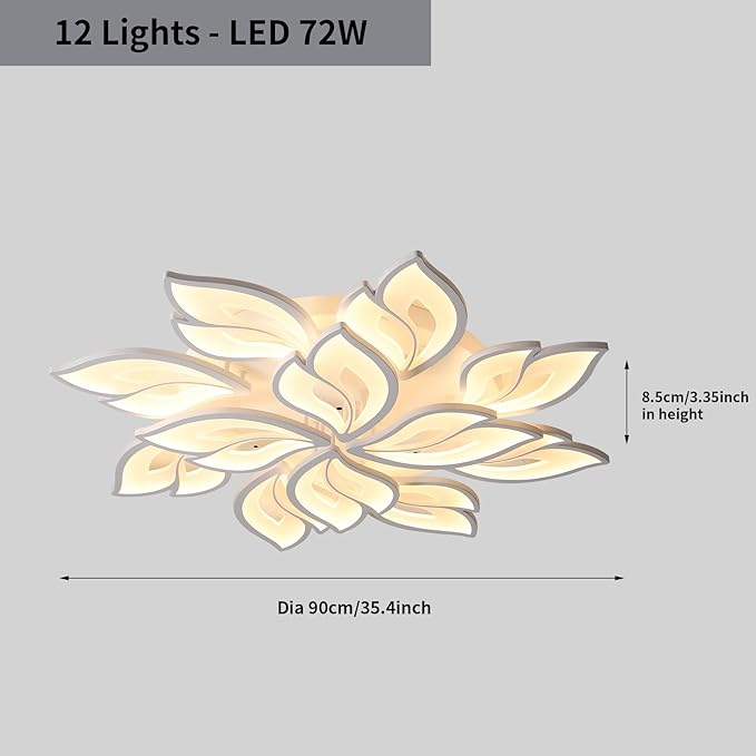 JAYMP 35.4" Flower Shaped Ceiling Light Dimmable Modern Ceiling Lamp Remote Control LED Lighting Fixture for Living Room Kitchen Dining Room (White/12 Petals)