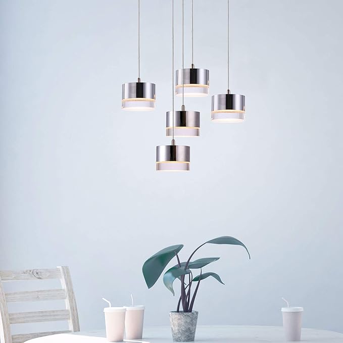 Jupiter 5 Mini Pendant Lighting Nickel - LED Hanging Light Fixture for Kitchen Island, Bar, Foyer - Cluster Pendants - Dimmable, Adjustable Wire, Lamp Bulb Included