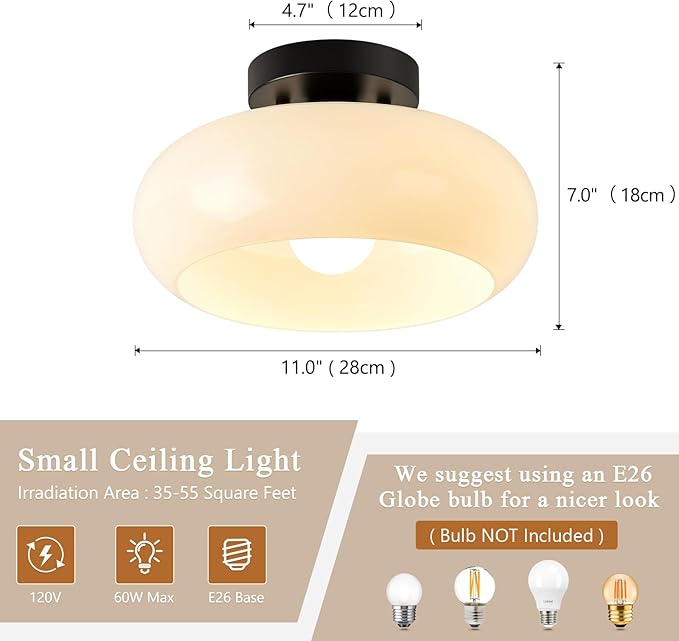 Mid-Century Modern Black Semi Flush Mount Ceiling Light,White Glass Dome Hallway Lighting Fixtures,Metal Close to Ceiling Lamp for Entryway Bathroom Kitchen Bedroom Porch Foyer Office (11 Inch)