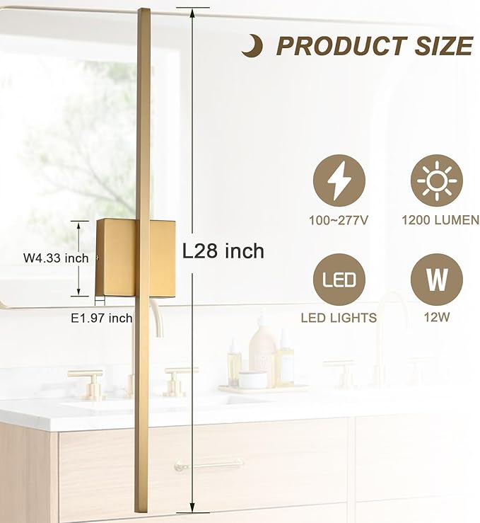 Wall Sconces Set of Two, LED Dimmable Sconces Wall Lighting, Brushed Gold Modern Wall Sconce Light for Bathroom, Living Room, Bedroom, Hardwi