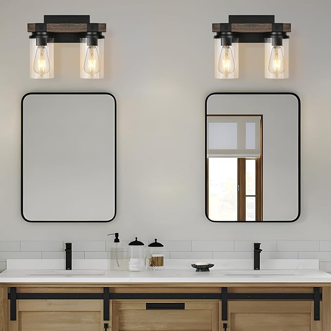Farmhouse Bathroom Light Fixture Wood Black Vanity Lighting 2-Light Wooden Wall Sconce Industrial Rustic Wall Light Fixtures Over Mirror with Clear Glass Shade for Bathroom Hallway Kitchen Bedroom