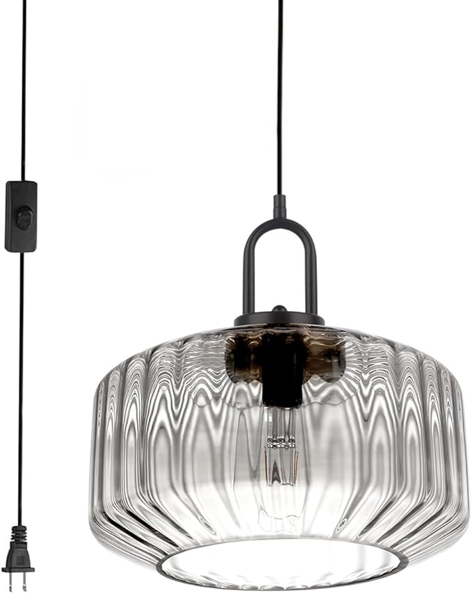 Hanging Pendant Light Plug in Plug in Pendant Lamp Globe Hanging Lights with Plug in Cord for Bedroom Mid Century Modern Ceiling Light fixtures Clear Striped Glass Swag Lights Kitchen