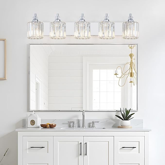 5-Light Modern Bathroom Light Fixture Chrome Bathroom Vanity Lights Over Mirror Wall Sconce Lighting with K9 Crystal Shades E26 Base for Bedroom, Living Room, Hallway Wall Lamp