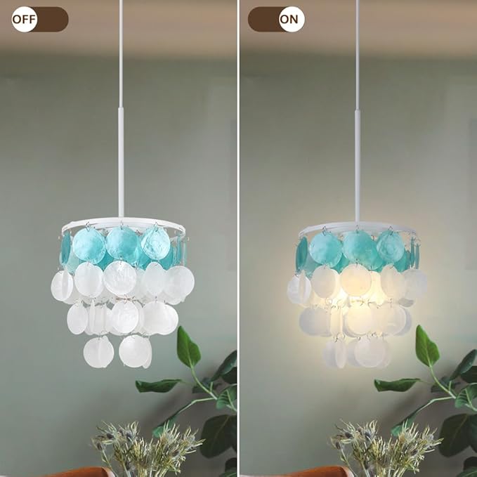 Capiz Shell Samll Chandelier, 1-Light Plug in Shells Pendant Lights with ON/Off Switch for Kitchen Island, Dining Room, Bedroom Room, Coastal House, White and Blue