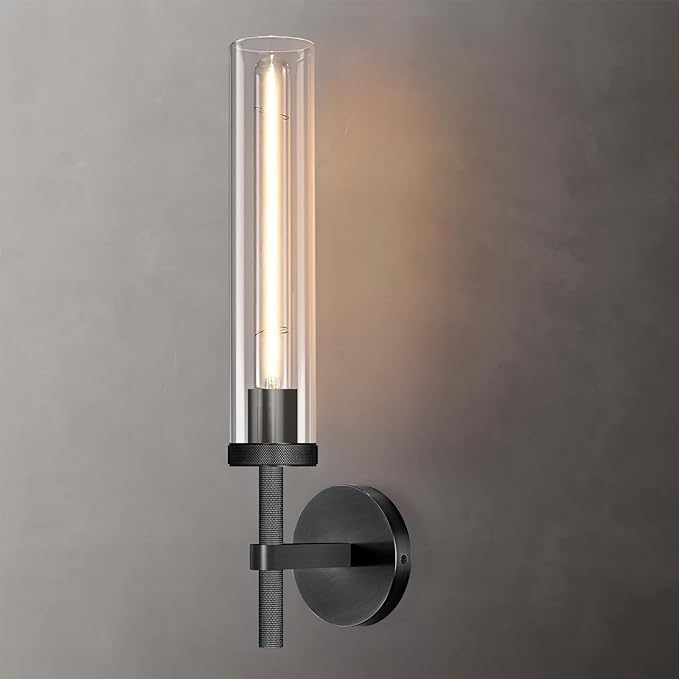Modern Black Hardwired Wall Sconces, 20'' Knurled Bathroom Wall Sconce, Indoor Wall Sconce,Copper and Glass Vanity Light, for Living,Bedroom, Hallway, Staircases, Include Bulbs