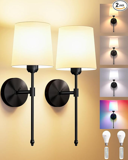 Ouyulong Battery Operated Wall Sconces Set of 2, Wireless Rechargeable Dimmable Wall Light with RGB Bulb and Remote for Bedroom, Living Room, Hallway 19in Black