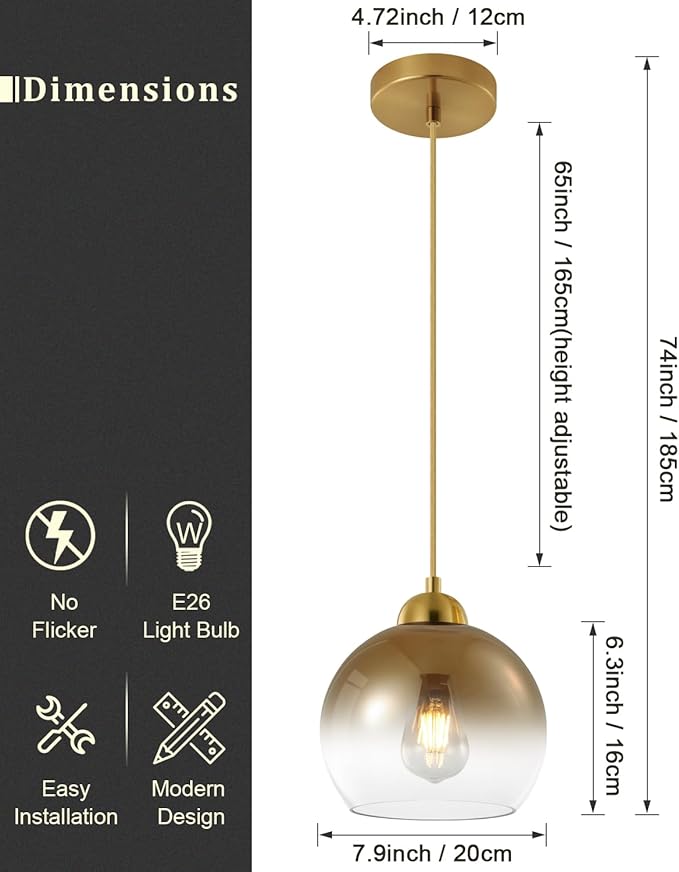 Modern Gradient Gold Glass Pendant Light，7.8-Inch Globe Adjustable Hanging Pendant Light for Bedroom Kitchen Island Dining Room Stairwell