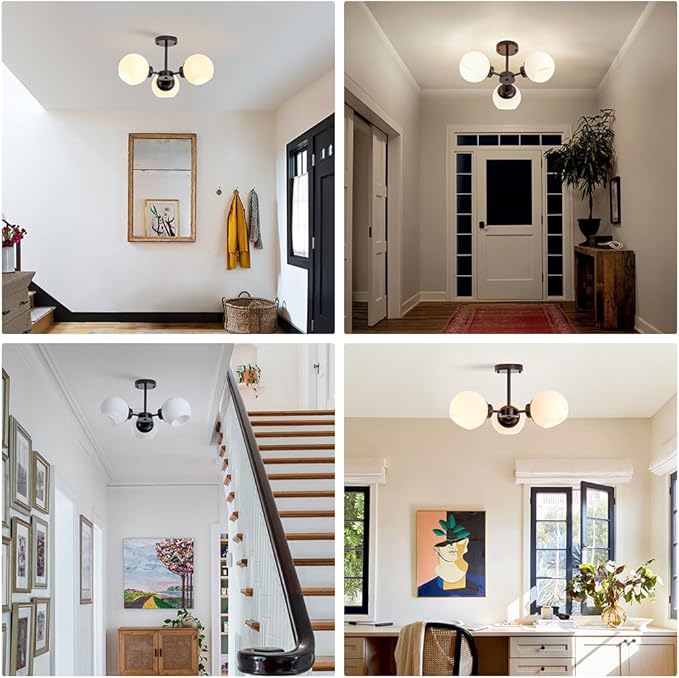 3 Light Sputnik Chandeliers Black Mid Century Semi Flush Mount Ceiling Light Frosted Globe Glass Modern Close to Ceiling Light Fixture for Bedroom Living Room Entryway Hallway