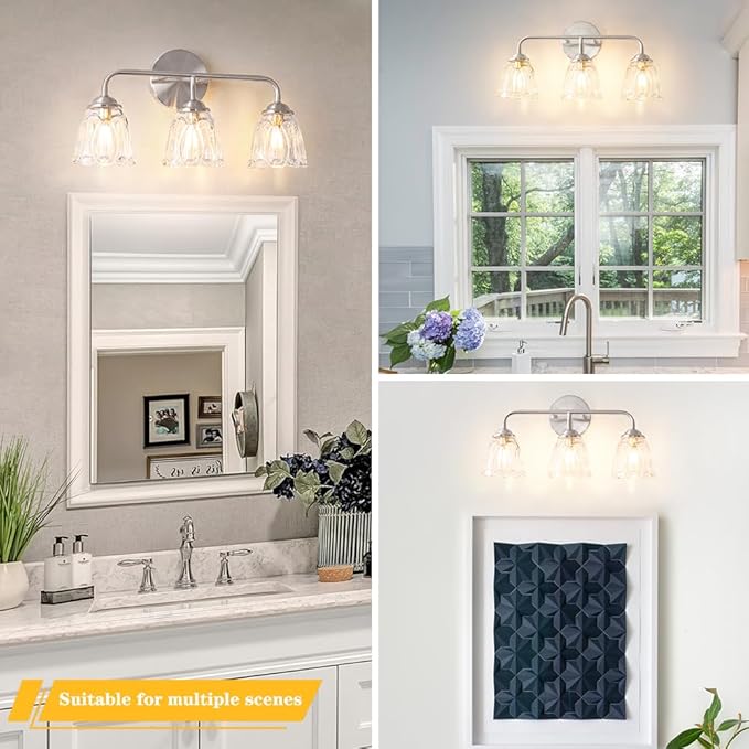 Vintage Batheoom Vanity Light, Brushed Nickel Vanity Lighting, Elegant 3-Light Bathroom Light with Flower Glass Shade, Lighting Fixture over Mirror, Wall Sconce Lighting for Bedroom Living Room