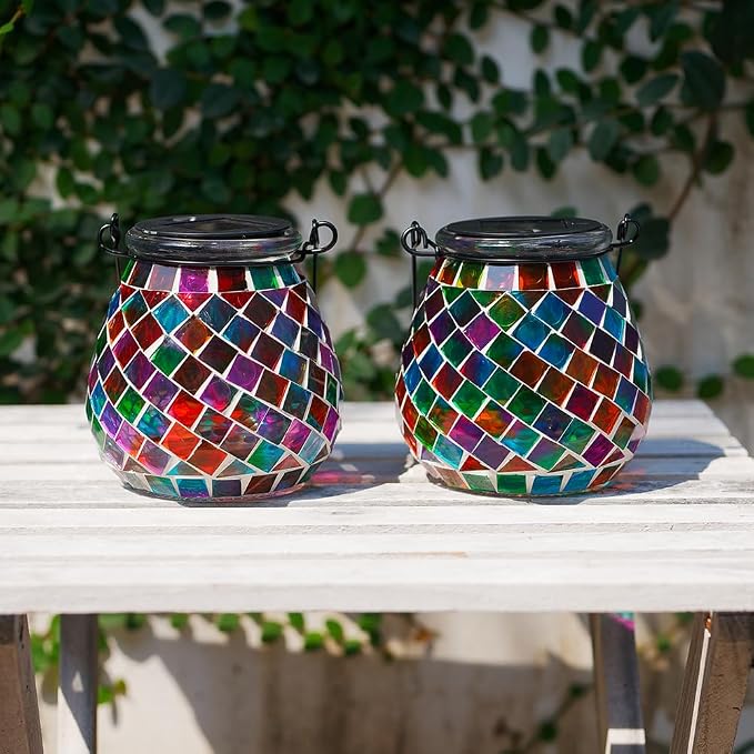 Stargarden 2 Pack Mosaic Solar Lanterns Outdoor Waterproof, Colorful Glass Hanging Lantern Decorative Solar Lights for Yard, Patio, Lawn, Gaden Decor