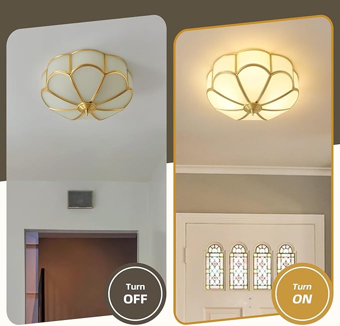 Gold Vintage Brass Ceiling Light - Small 11.8 Inch Milk Glass Mid Century Flush Mount Lighting Fixtures - Art Deco Antique Modern Lamp for Hallway Bedroom Kitchen Entryway Laundry Foyer Bathroom Hall