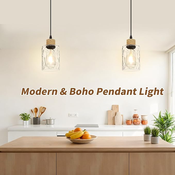 2 Pack Farmhouse Pendant Lights for Kitchen Island, Water Ripple Glass Hanging Light Fixture, E26 Black Island Lights for Kitchen, Dining Room, Bedroom, 41" Adjustable Cord, Bulb Not Included