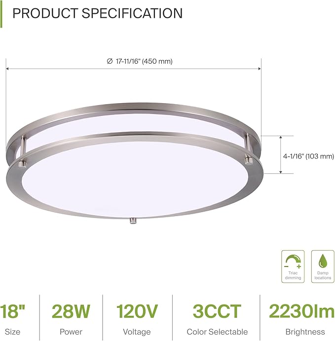 ASD LED 18" Round Flush Mount Lighting, Close to Ceiling Light Fixture | 3CCT, Dimmable, Energy Star, ETL Listed | 28W 2230LM 3000-5000K 120V | Low Profile Double Ring Lamp | Nickel, 4 Pack