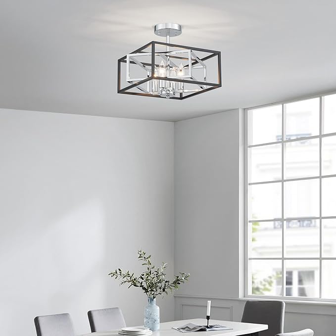Square Ceiling Light, 4-Light Flushmount Modern Close to Ceiling Light Fixture for Living Room, Bedroom, Dining Room, L13 x W13 x H10 inch, Black & Silver Finish Frame