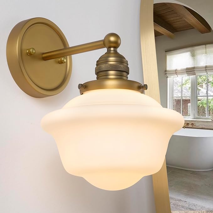 Gold Wall Sconce, Vintage Bathroom Vanity Light, Modern Frosted Milk Glass Sconces Brass Wall Lights for Living Room Bedroom Kitchen Hallway Stairway E26 Hardwire Indoor