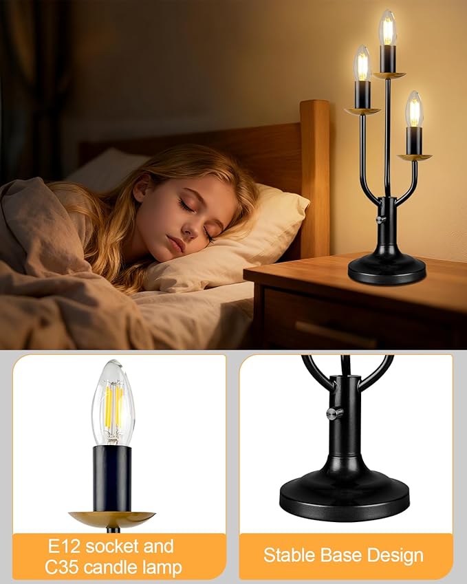 Lightdot Vintage Candle Table Lamp 3 - Light Candelabra Desk Lamp for Wedding/Party, 3000K Warm White Mid Century Nightstand Lamp Dimmable Bedside Lamps for Bedroom/Dining - Black
