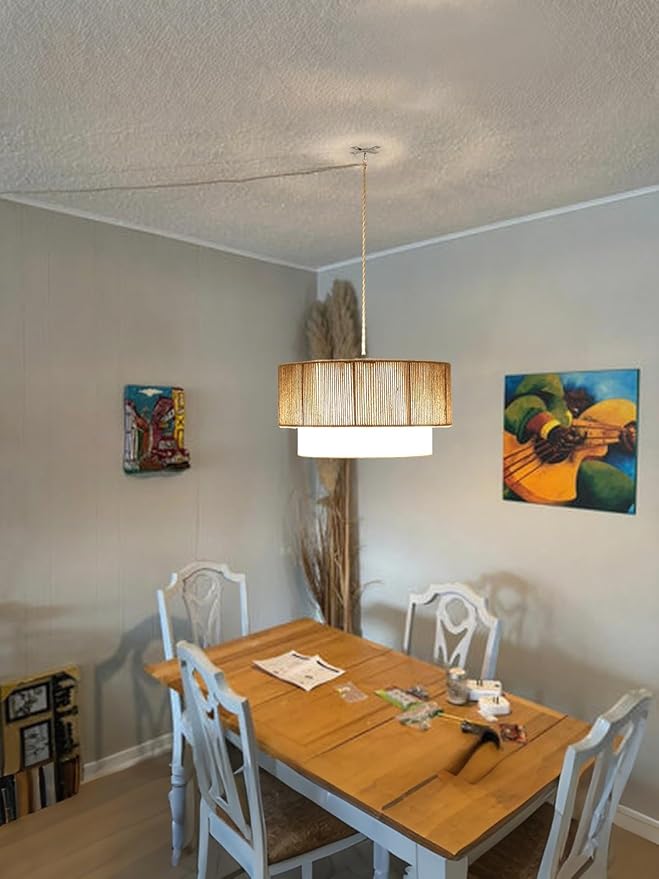 Plug in Pendant Light, 18" Rattan Plug in Chandelier with Linen Fabric Shade, E26 On/Off Switch, Plug in Hanging Pendant Light for Dining Room Living Room Kitchen Foyer