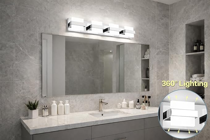 SOLFART Chrome Vanity Light Fixture, Bathroom Light Fixture Over Mirror, 4 Lights Vanity Lighting, Modern LED Bathroom Vanity Lighting, Easy Install Dimmable