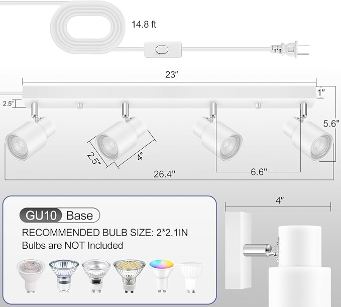 Plug in Track Lighting, 23" LED Track Light Fixtures Ceiling, White 4 Way Spotlight, Rotatable Light Head, Plug in Ceiling Light with Power Cord, Plug Wall Light for Kitchen Hallway Bar(GU10, NO Bulb)