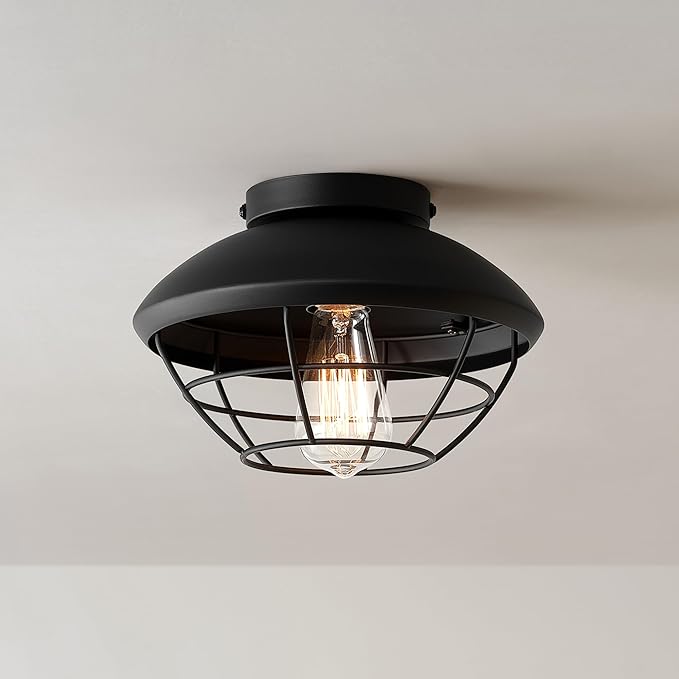 Globe Electric 60000120 1-Light Outdoor Flush Mount Ceiling Light, Matte Black Finish, Metal Cage Shade, Weather Resistant, Industrial Outdoor Ceiling Light, E26 Base