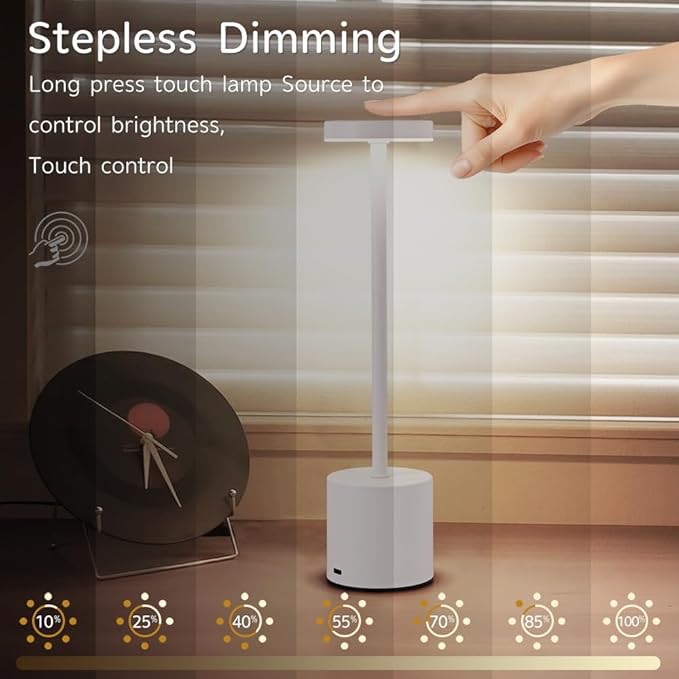 Cordless Table Lamp Set of 2, 5000mAh Rechargeable Battery Powered LED Table Light, Portable Touch Dimming Outdoor Table Lamps,3 Color Light for Restaurant,Patio,Bedroom,Camping,Cofee (White)