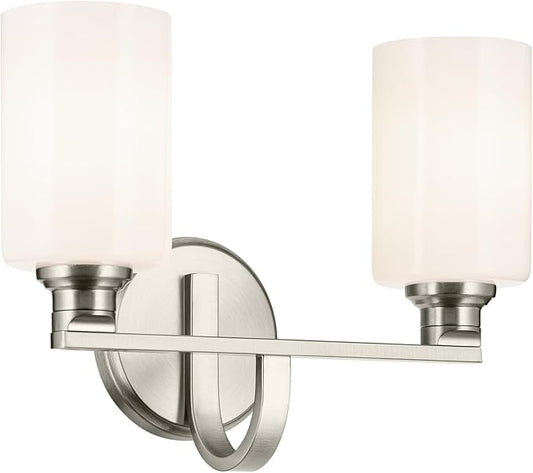 Kichler Gioe 14.25" 2-Light Vanity Light with Opal Glass in Brushed Nickel, Damp Rated, for Bathroom, Powder Room, Over a Mirror, (14.25" W x 10.5" H), 55225NI